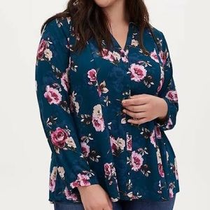 Torrid Teal Floral Georgette Fit and Flare Blouse
